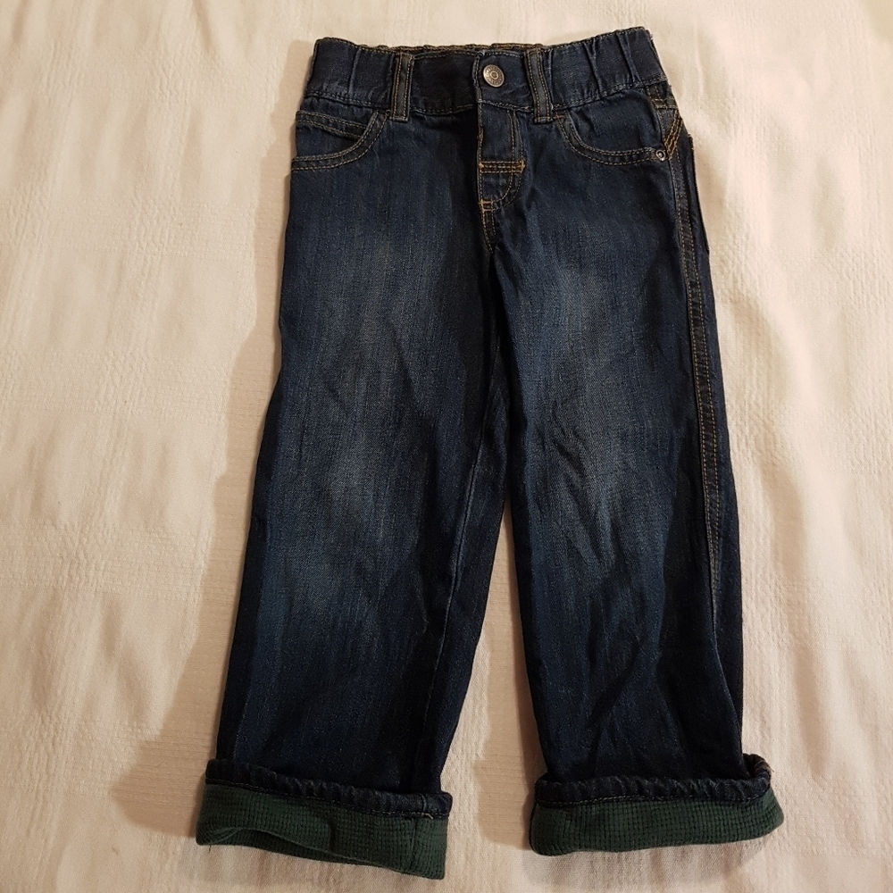 Gymboree boys size 3T jeans green waffle trim fold up bottom